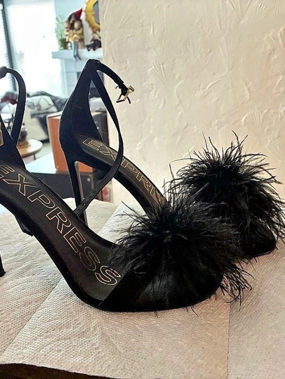 EXPRESS Feather Toe Heeled Sandals Black Heels